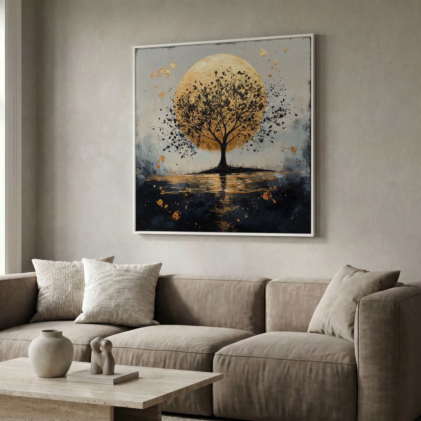 Silhouette Tree and Golden Moon Square Canvas Art in white floating frame