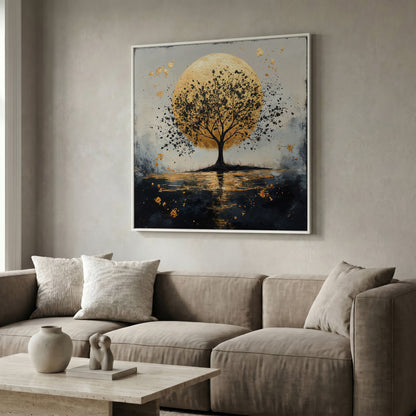Silhouette Tree and Golden Moon Square Canvas Art in white floating frame