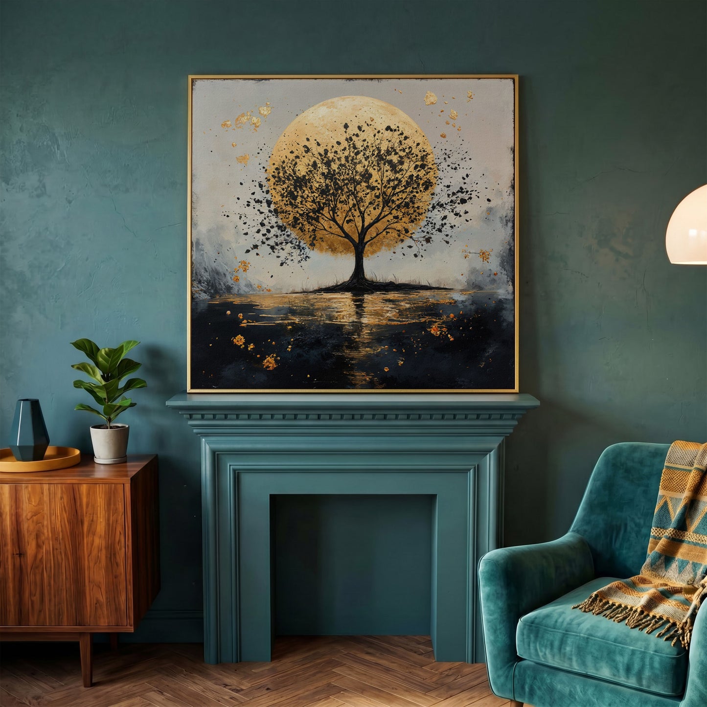 Silhouette Tree and Golden Moon Square Canvas Art in yellow gold floating frame