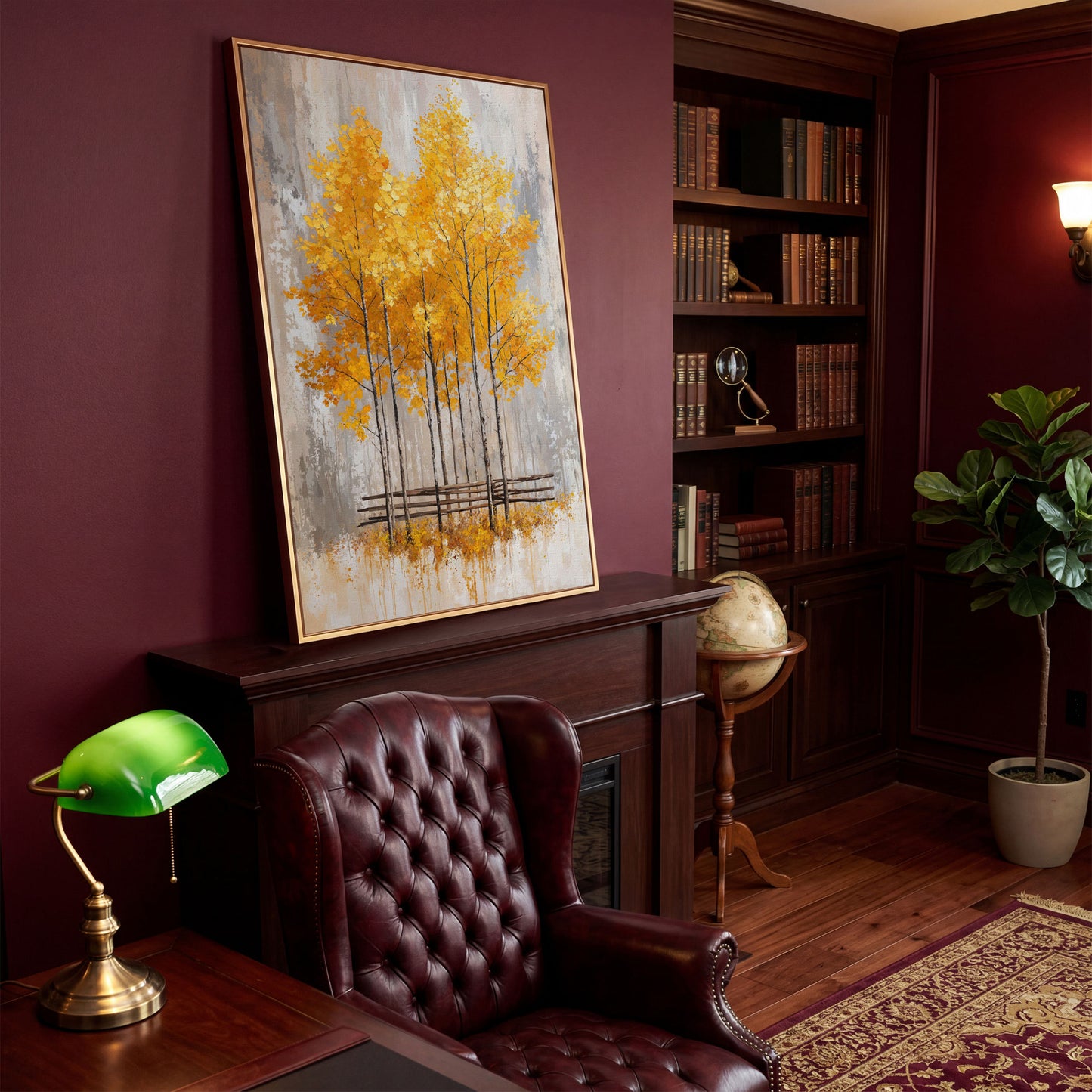 Autumnal Trees Canvas Print with Golden Fall Palette in antique gold floating frame