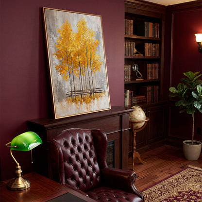 Autumnal Trees Canvas Print with Golden Fall Palette in antique gold floating frame