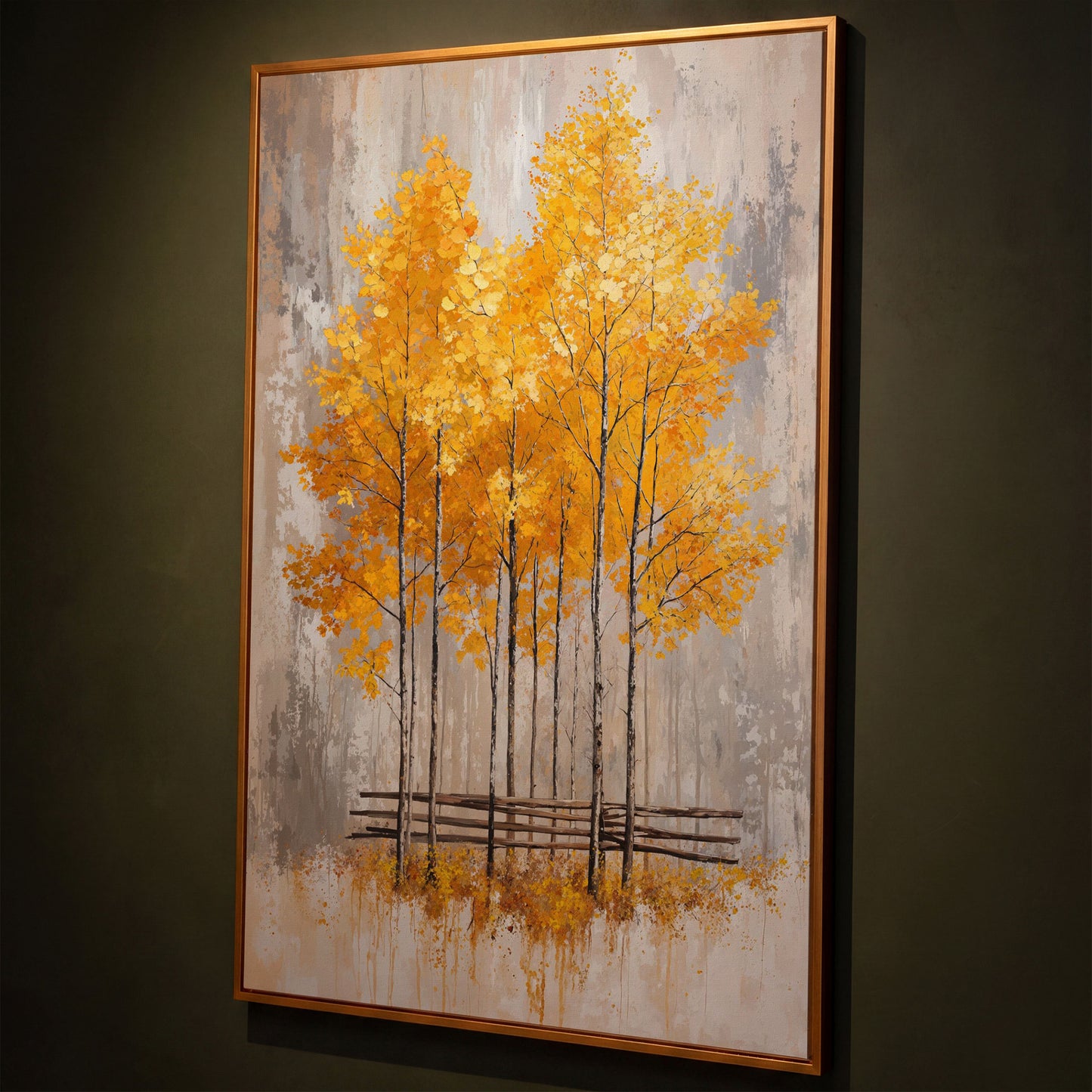 Autumnal Trees Canvas Print with Golden Fall Palette shown in antique gold floating frame