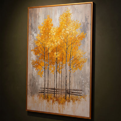 Autumnal Trees Canvas Print with Golden Fall Palette shown in antique gold floating frame