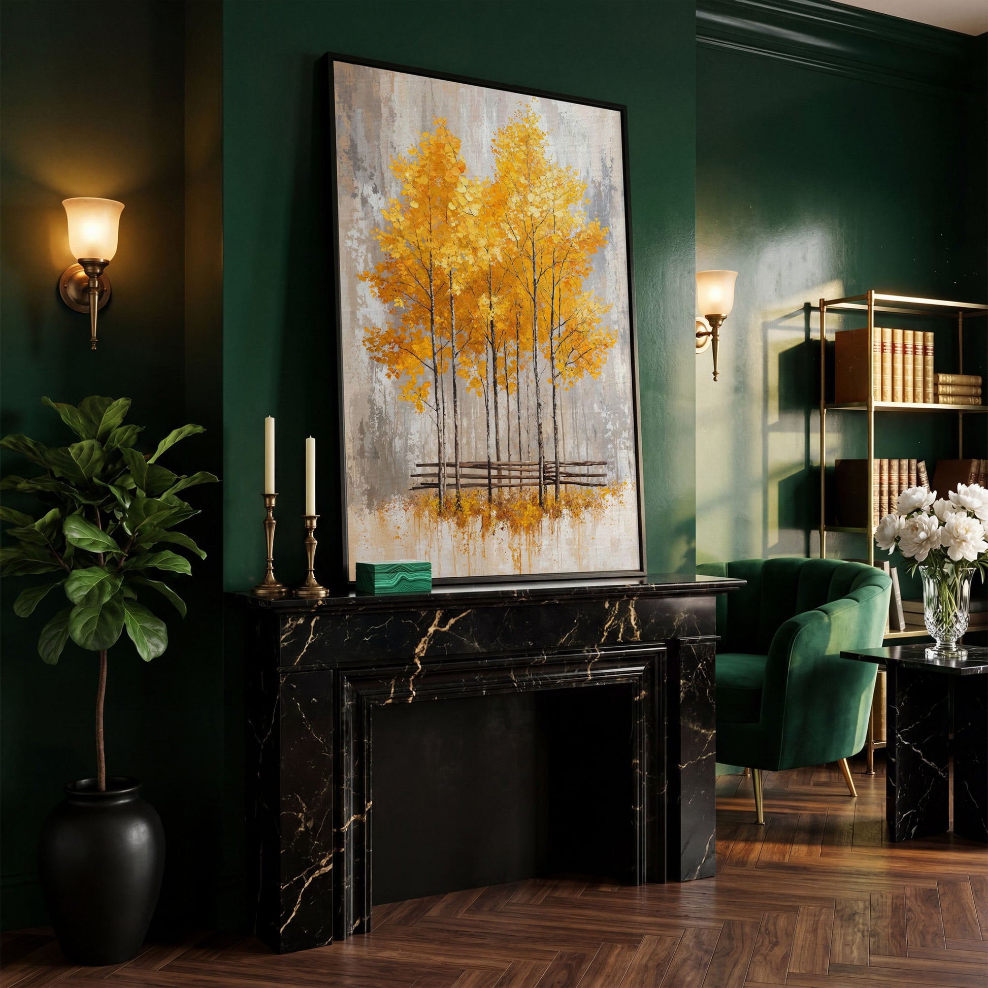 Autumnal Trees Canvas Print with Golden Fall Palette in black floating frame