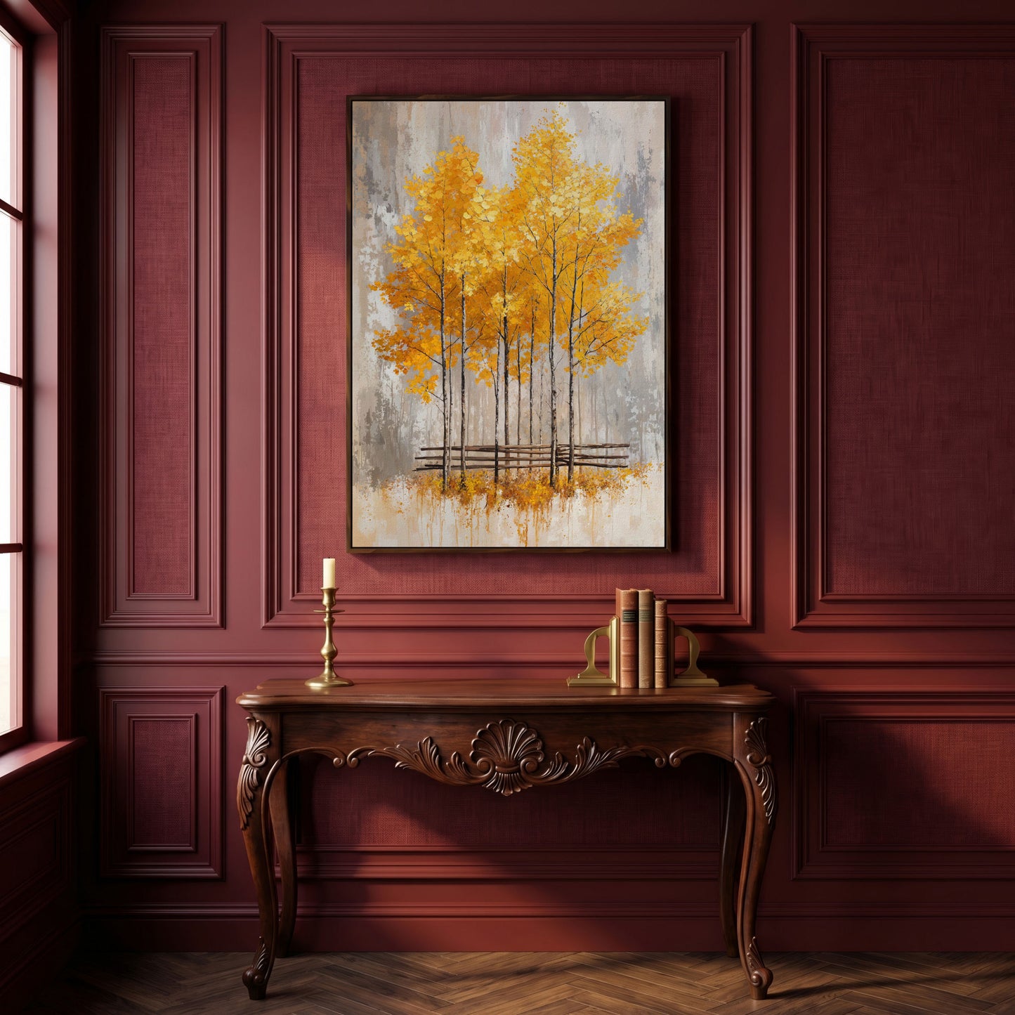 Autumnal Trees Canvas Print with Golden Fall Palette in dark walnut floating frame