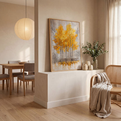 Autumnal Trees Canvas Print with Golden Fall Palette in white oak floating frame