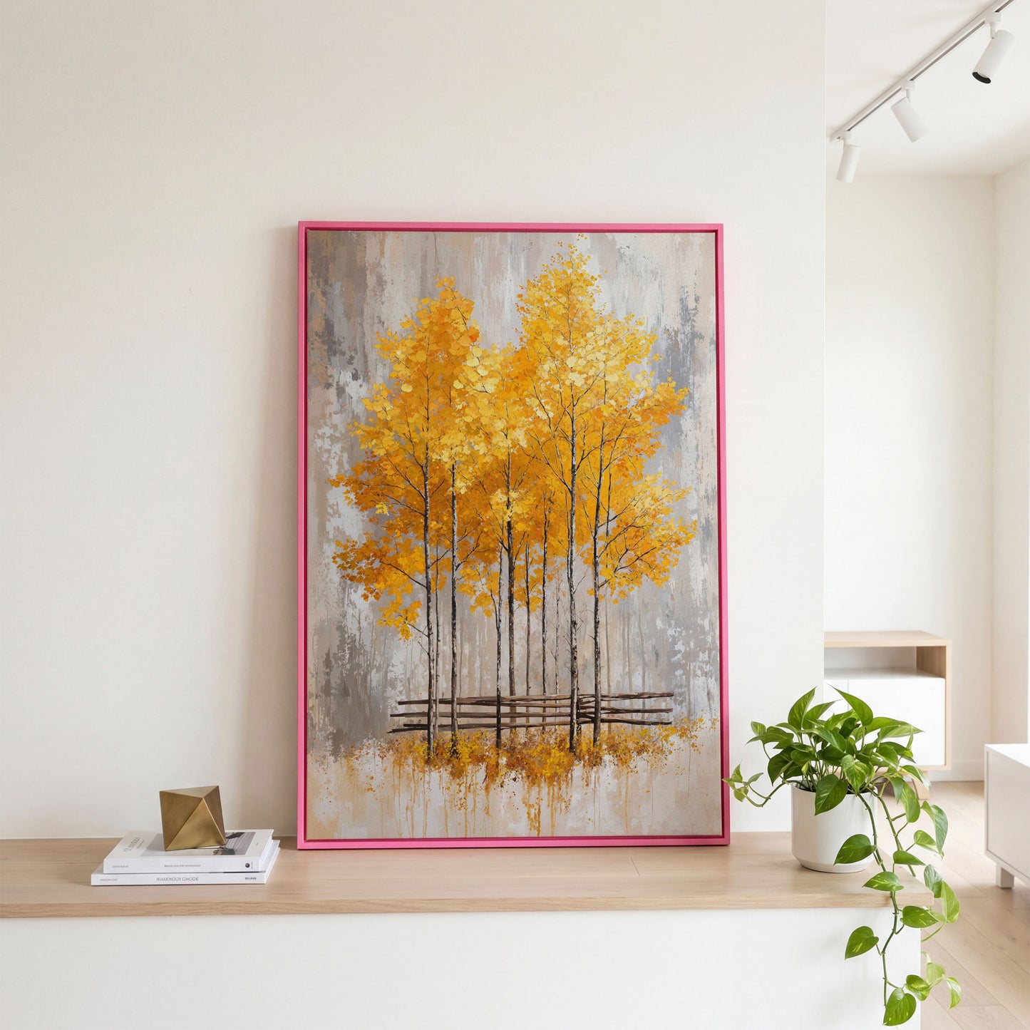 Autumnal Trees Canvas Print with Golden Fall Palette in pink floating frame