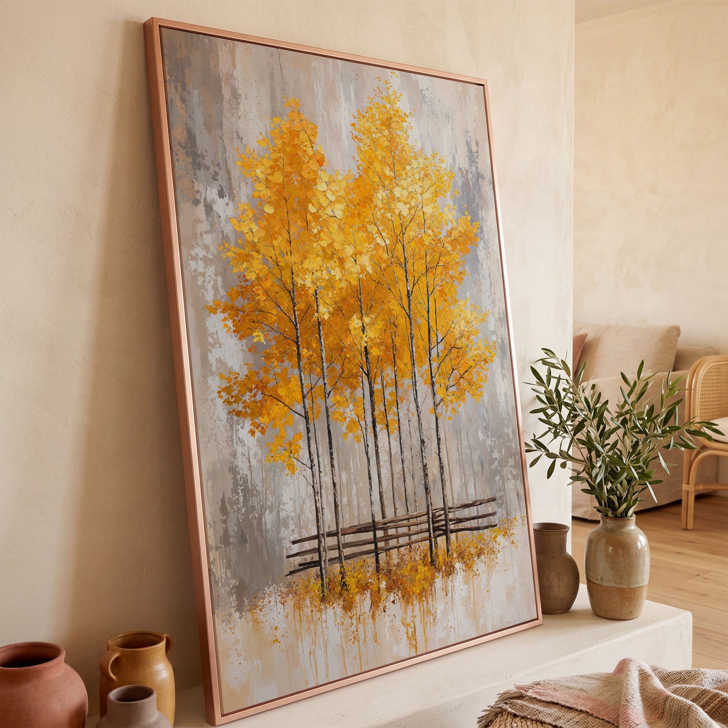 Autumnal Trees Canvas Print with Golden Fall Palette in rose gold floating frame