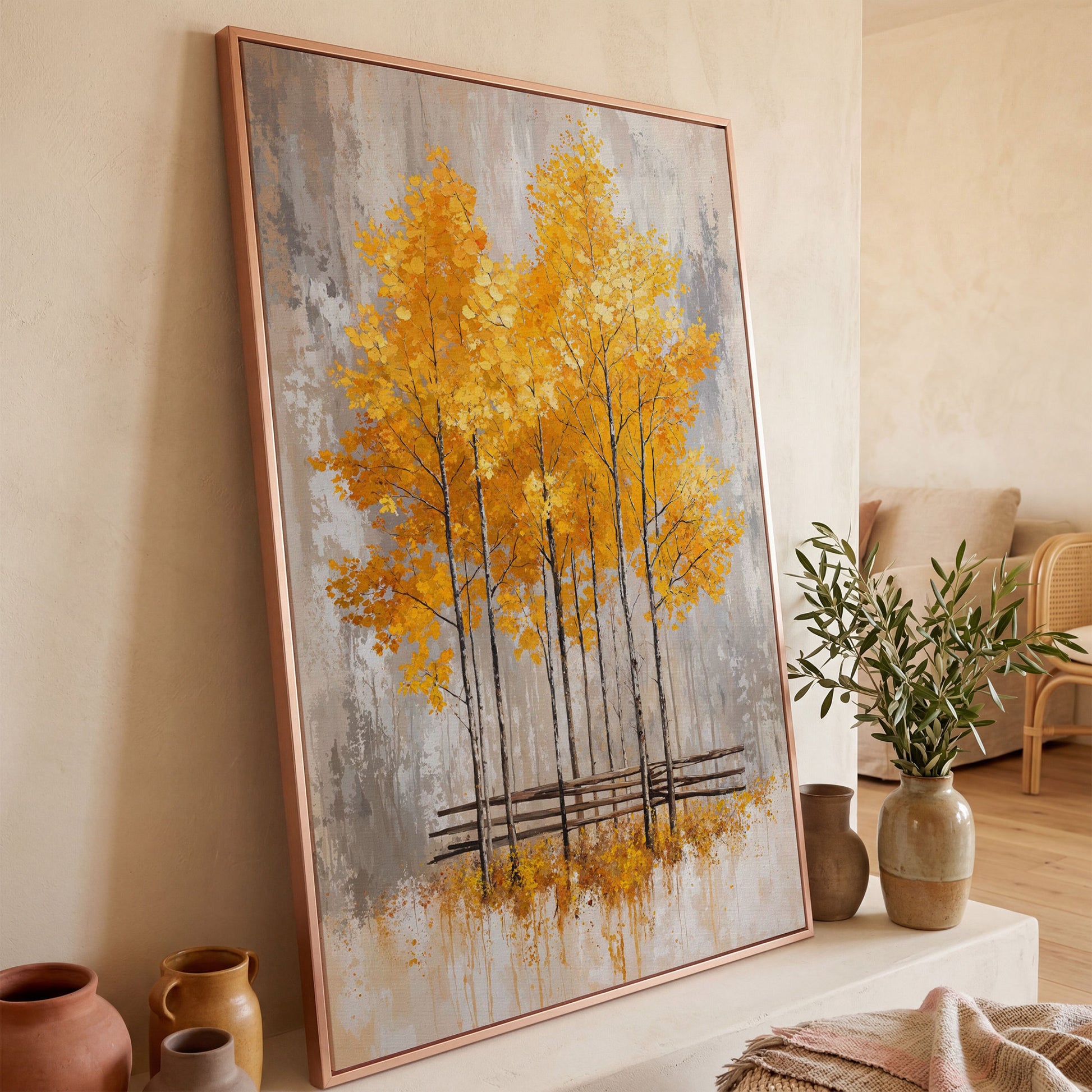 Autumnal Trees Canvas Print with Golden Fall Palette in rose gold floating frame