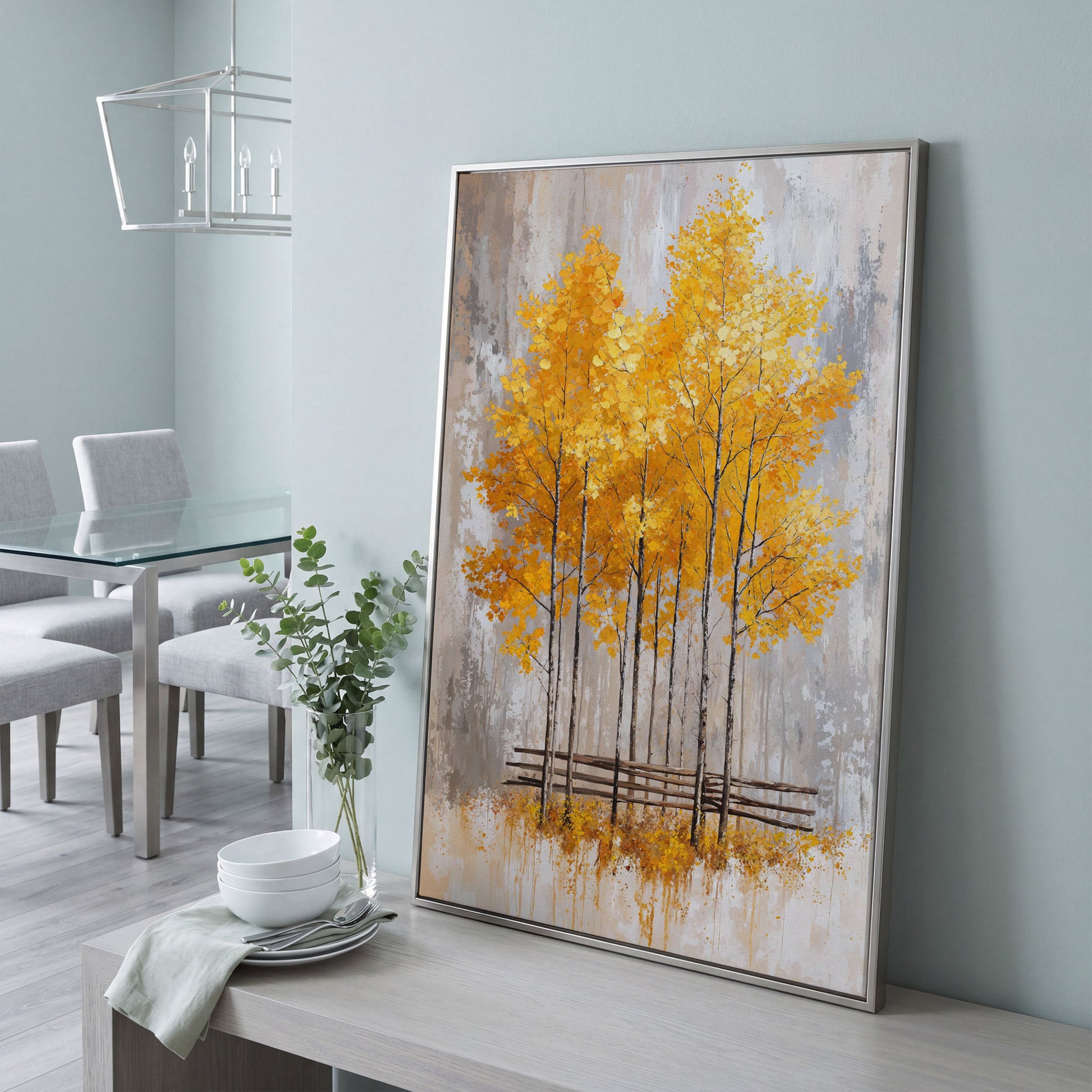 Autumnal Trees Canvas Print with Golden Fall Palette in silver floating frame