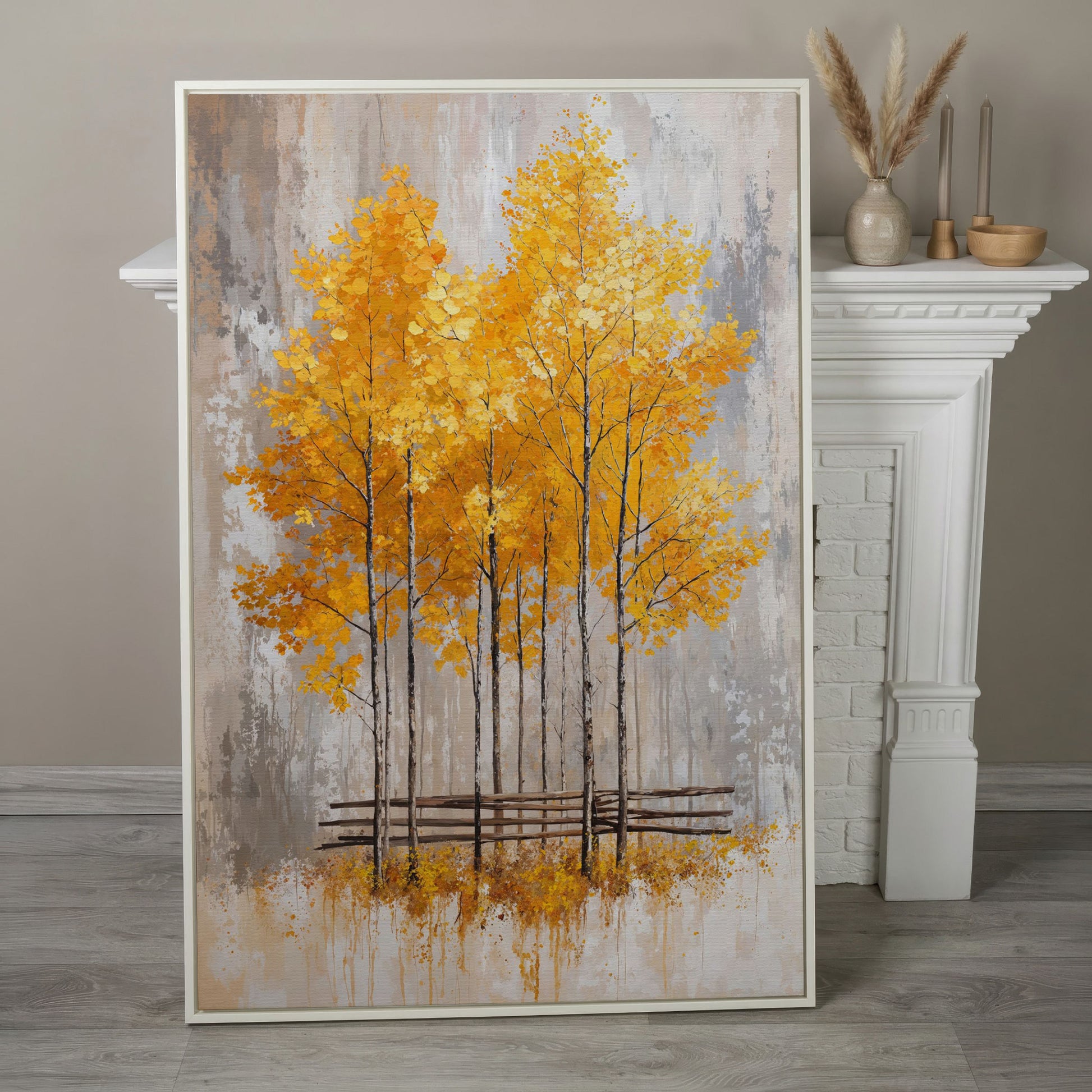 Autumnal Trees Canvas Print with Golden Fall Palette in white floating frame