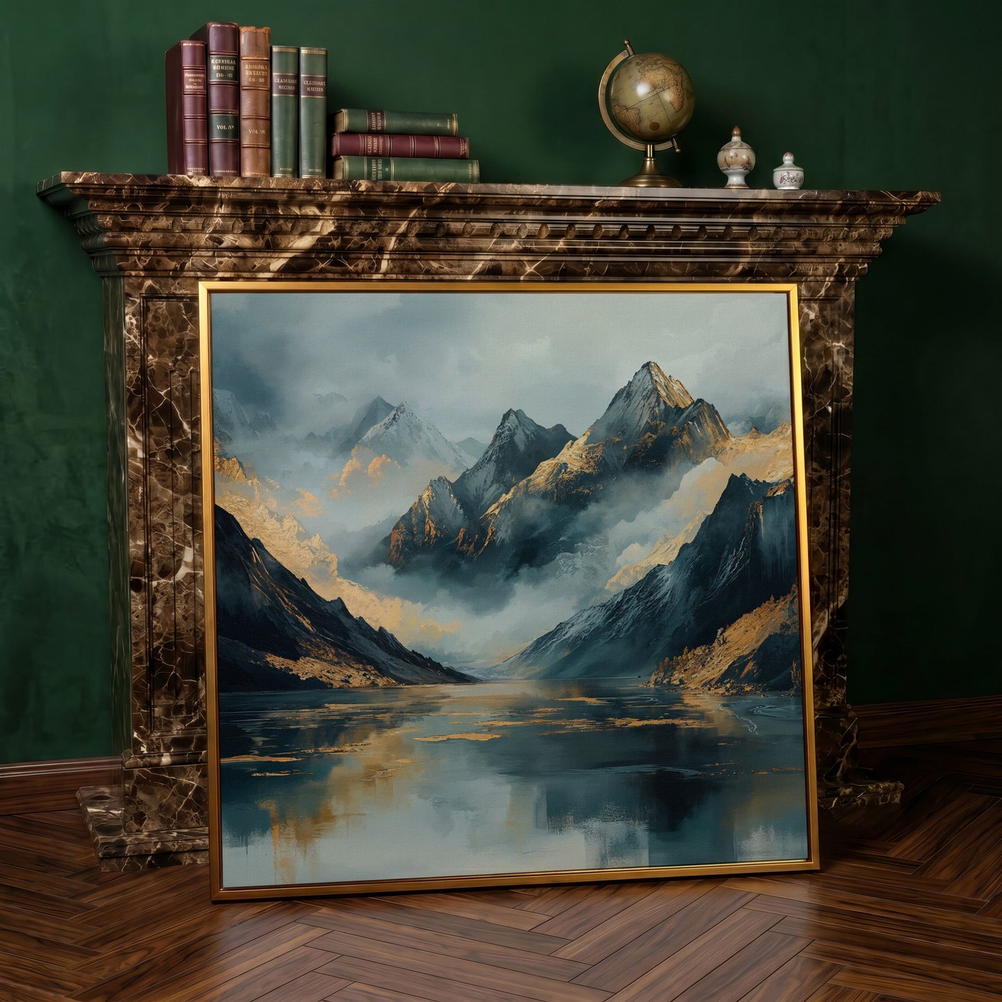 Mountain Range Canvas Wall Art in antique gold floating frame