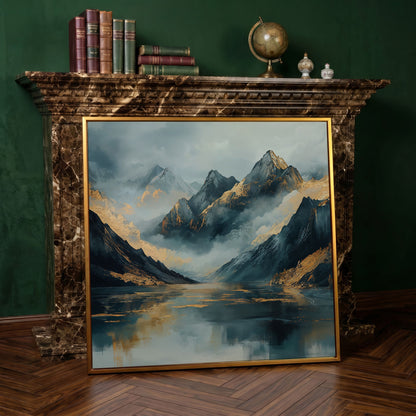 Mountain Range Canvas Wall Art in antique gold floating frame