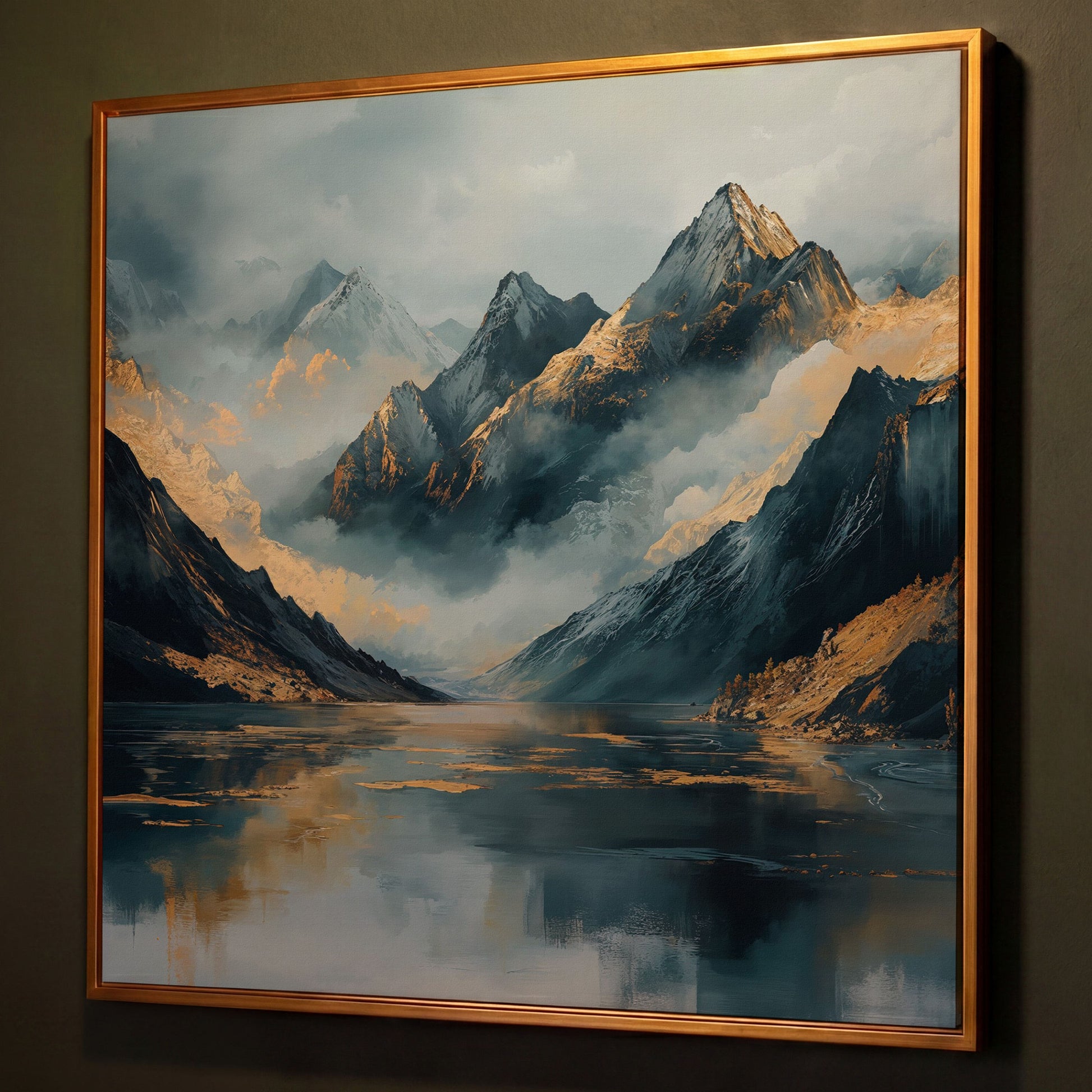Mountain Range Canvas Wall Art shown in antique gold floating frame