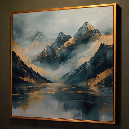 Mountain Range Canvas Wall Art shown in antique gold floating frame