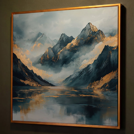 Mountain Range Canvas Wall Art shown in antique gold floating frame
