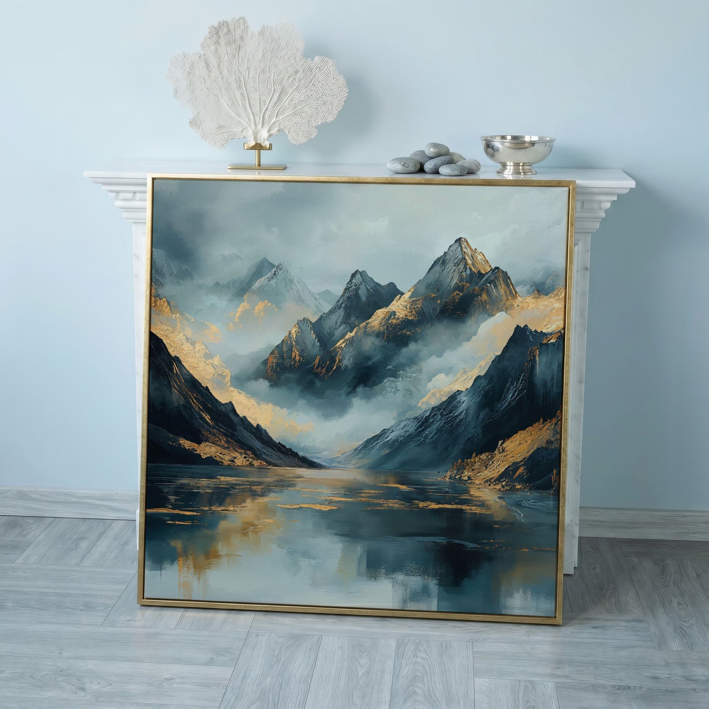 Mountain Range Canvas Wall Art in rose gold floating frame