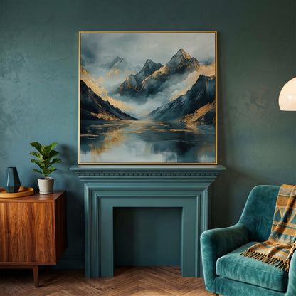 Mountain Range Canvas Wall Art in yellow gold floating frame