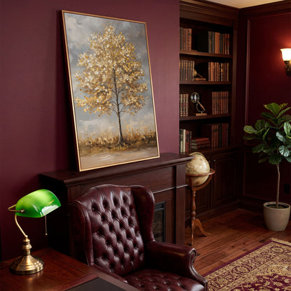 Golden Leaf Tree Canvas Print with Autumn Cityscape in antique gold floating frame