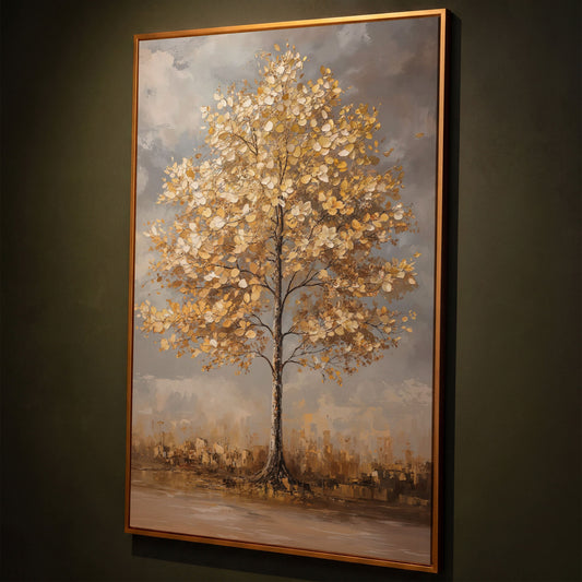 Golden Leaf Tree Canvas Print with Autumn Cityscape shown in antique gold floating frame