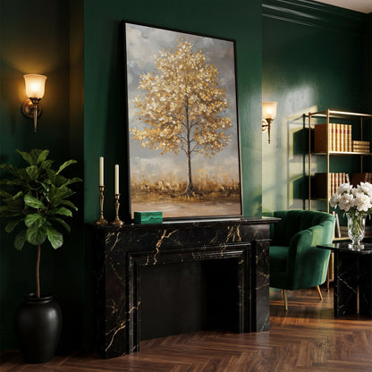 Golden Leaf Tree Canvas Print with Autumn Cityscape in black floating frame
