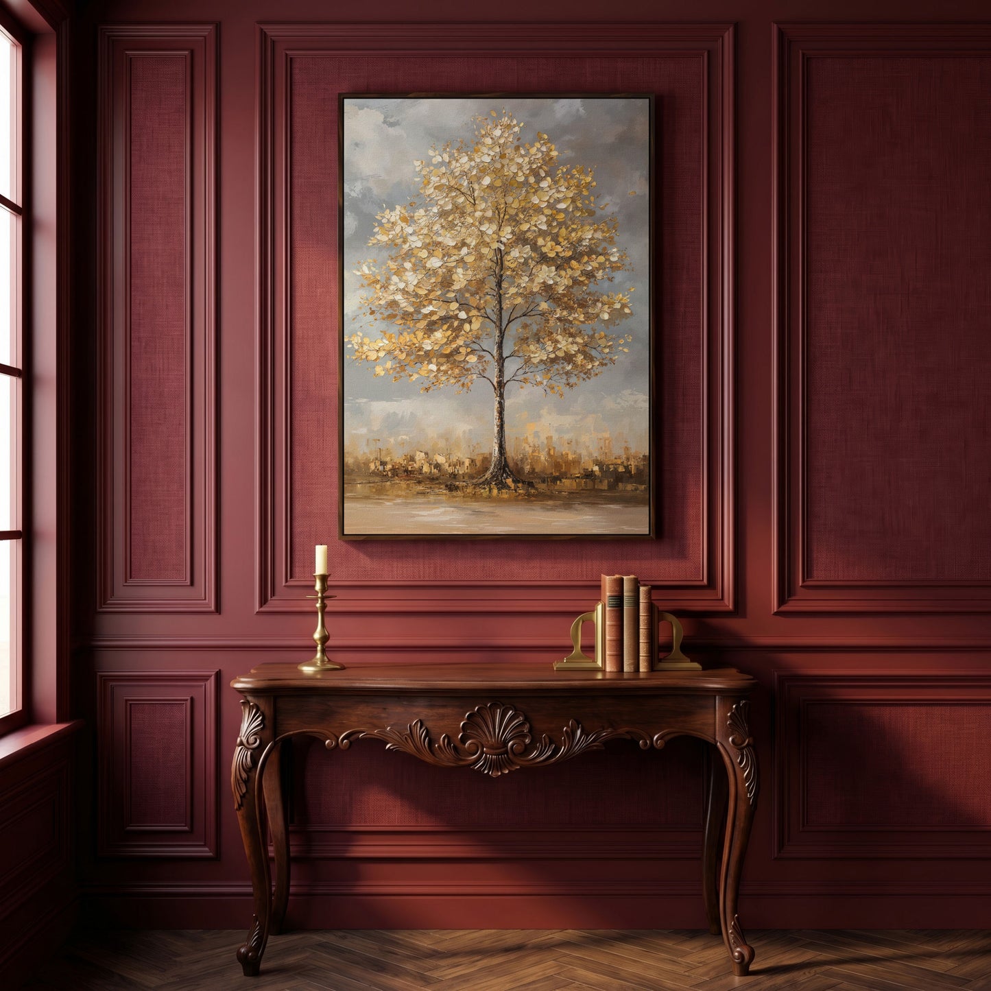 Golden Leaf Tree Canvas Print with Autumn Cityscape in dark walnut floating frame