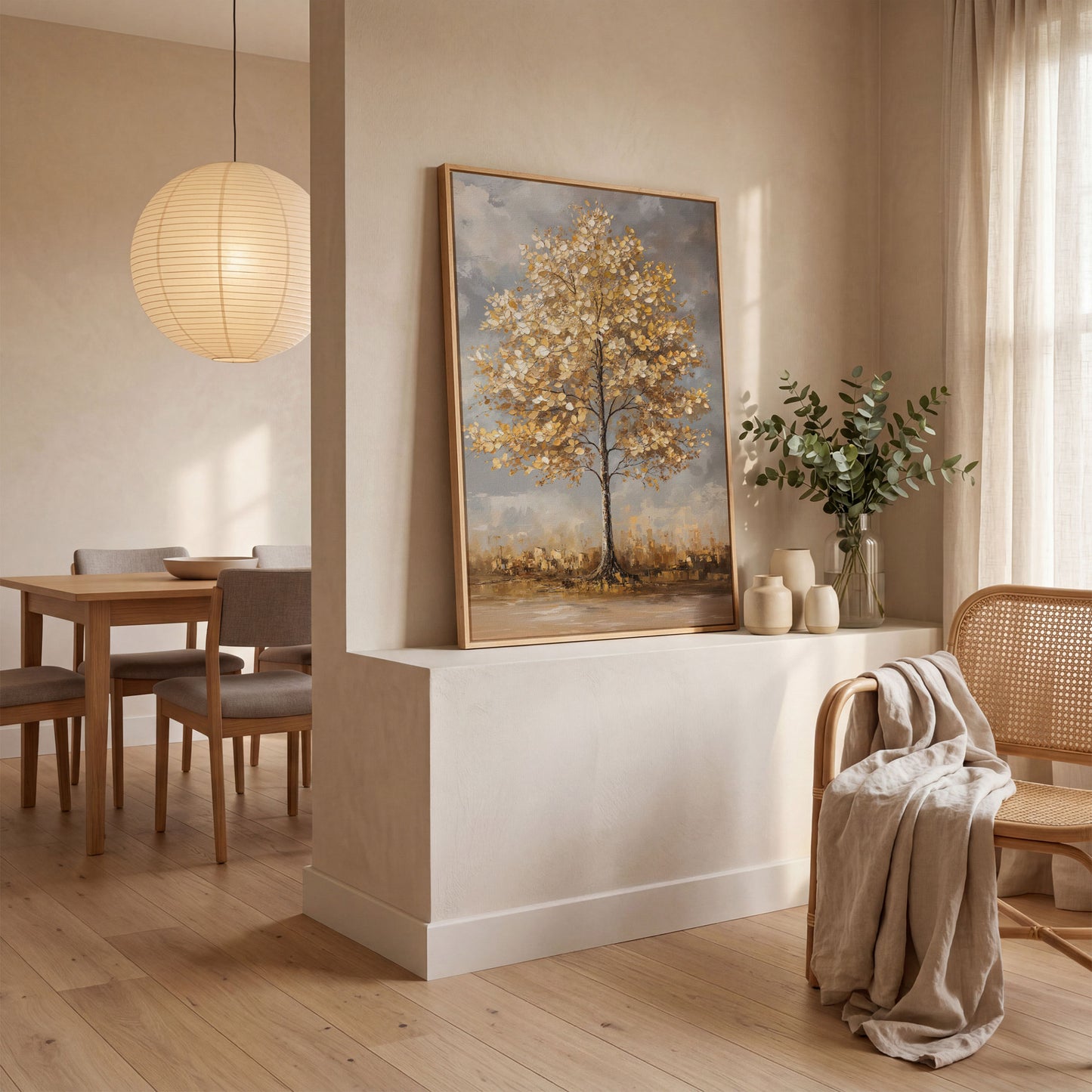 Golden Leaf Tree Canvas Print with Autumn Cityscape in white oak floating frame