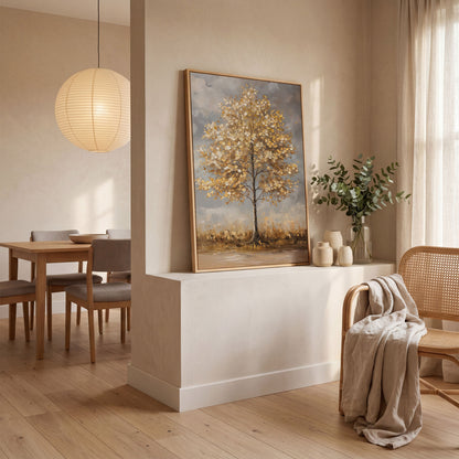 Golden Leaf Tree Canvas Print with Autumn Cityscape in white oak floating frame