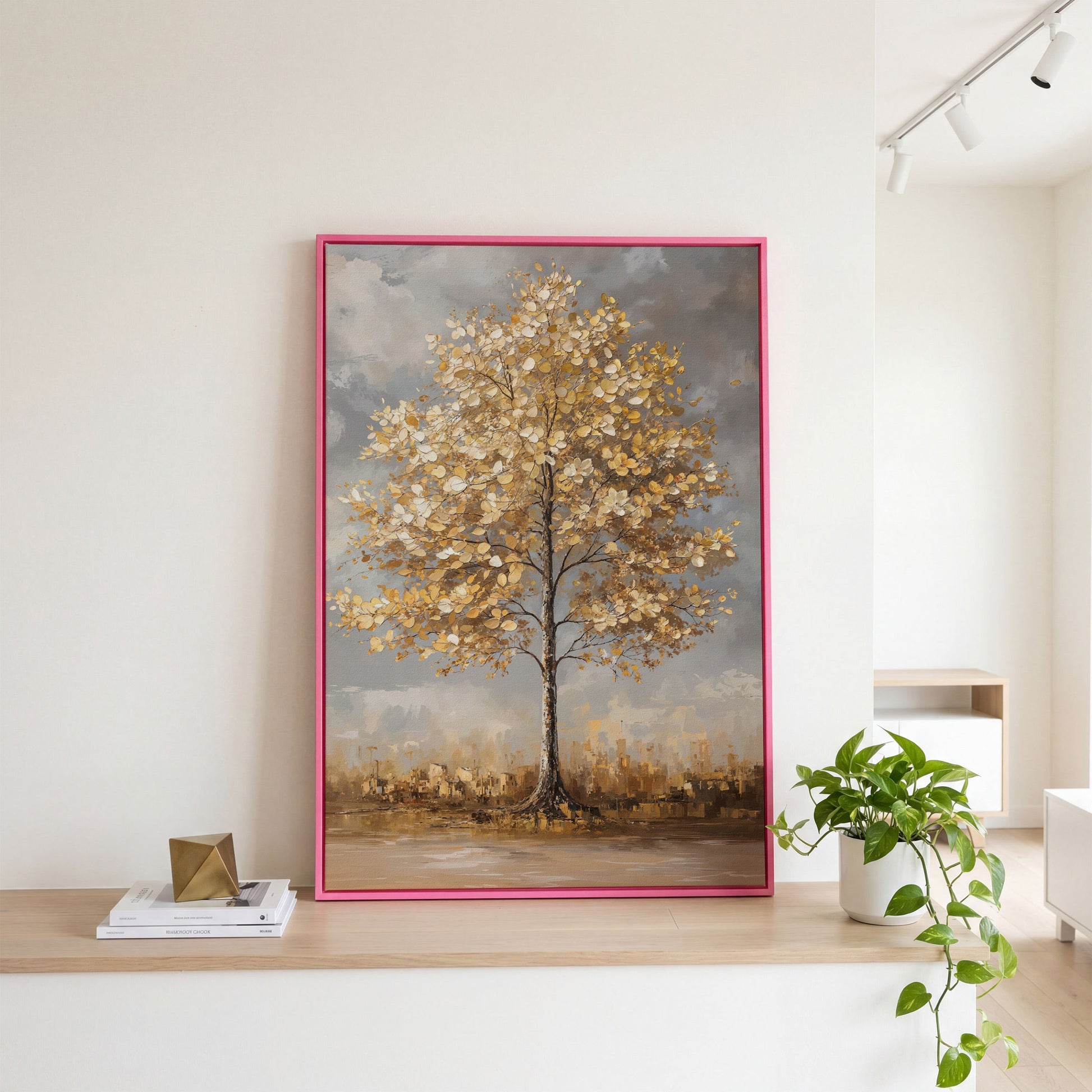 Golden Leaf Tree Canvas Print with Autumn Cityscape in pink floating frame