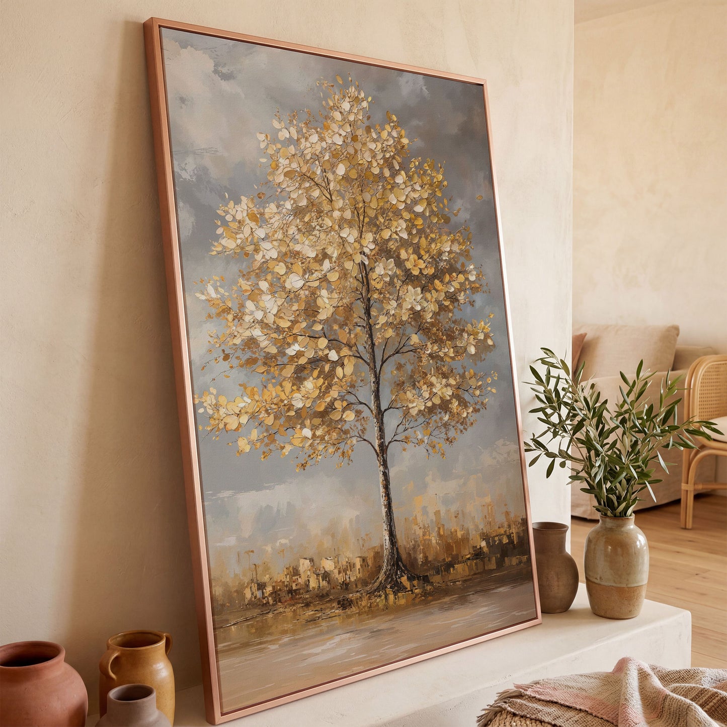 Golden Leaf Tree Canvas Print with Autumn Cityscape in rose gold floating frame