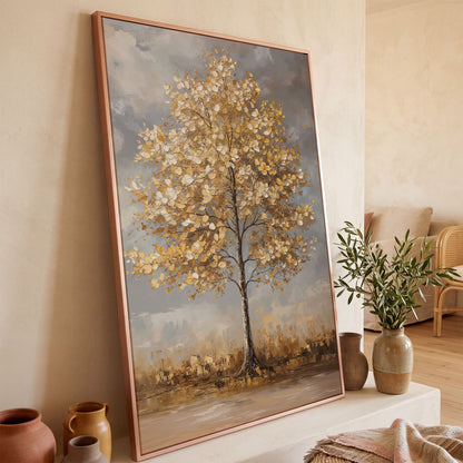 Golden Leaf Tree Canvas Print with Autumn Cityscape in rose gold floating frame