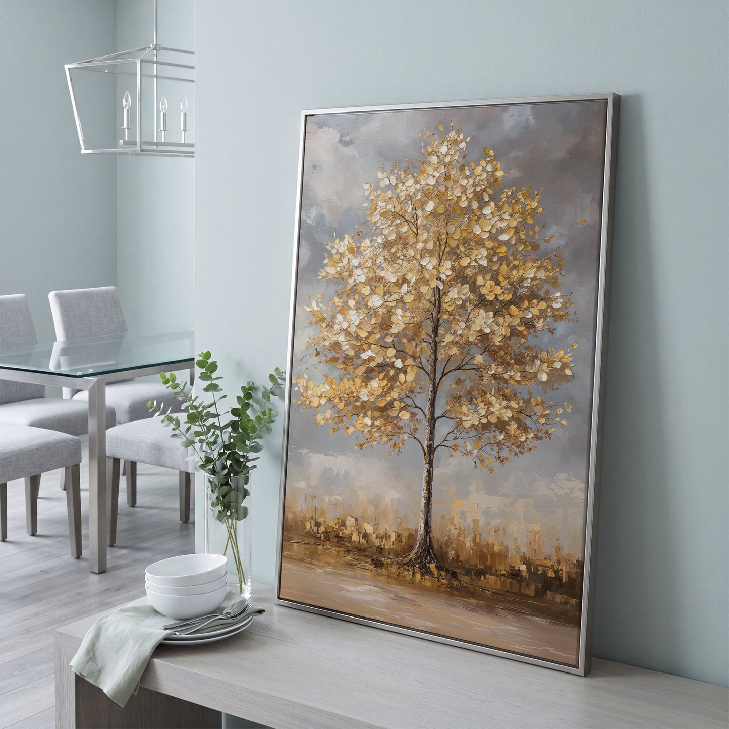 Golden Leaf Tree Canvas Print with Autumn Cityscape in silver floating frame