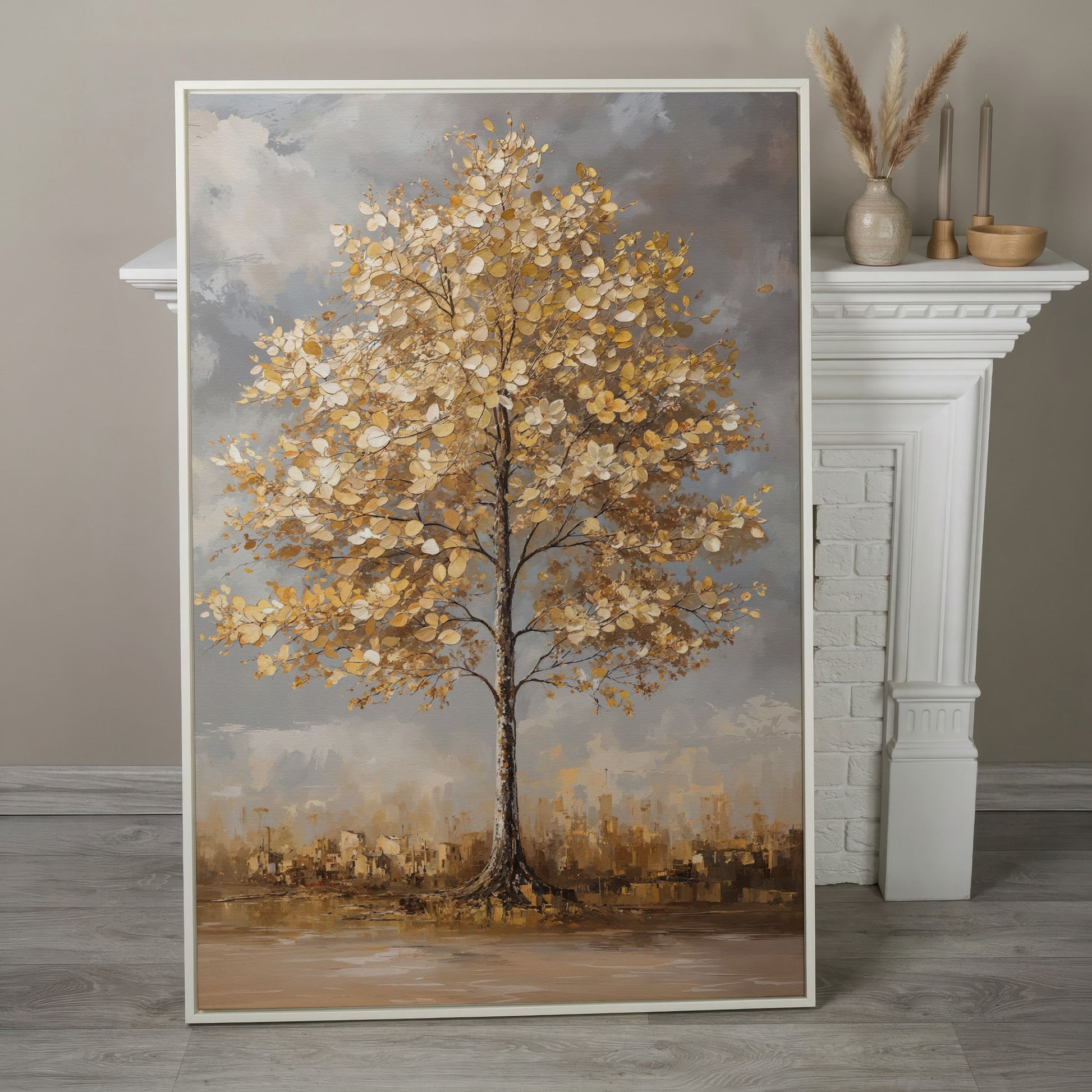 Golden Leaf Tree Canvas Print with Autumn Cityscape in white floating frame