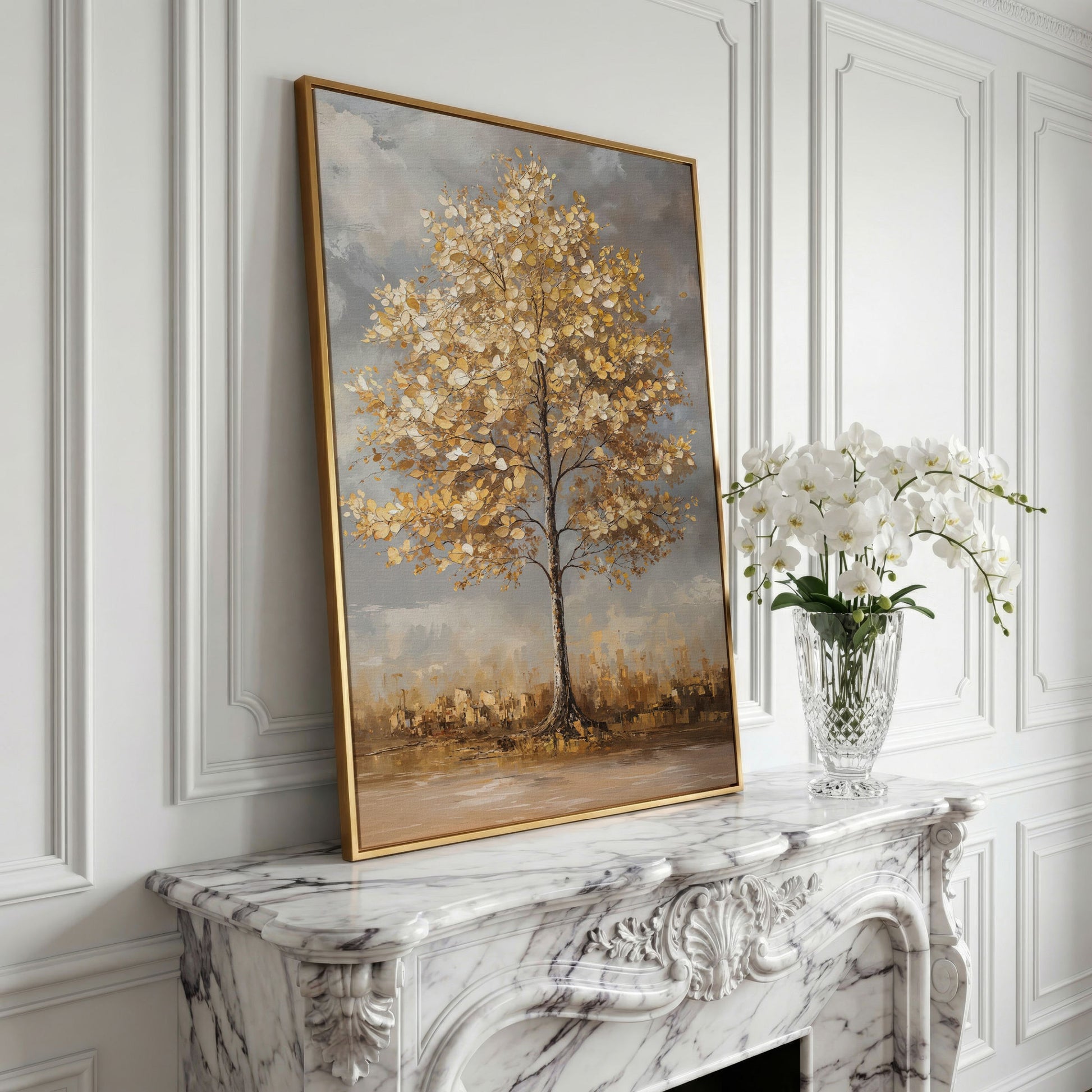 Golden Leaf Tree Canvas Print with Autumn Cityscape in yellow gold floating frame