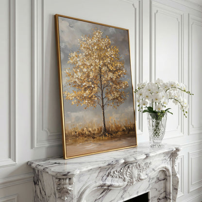 Golden Leaf Tree Canvas Print with Autumn Cityscape in yellow gold floating frame