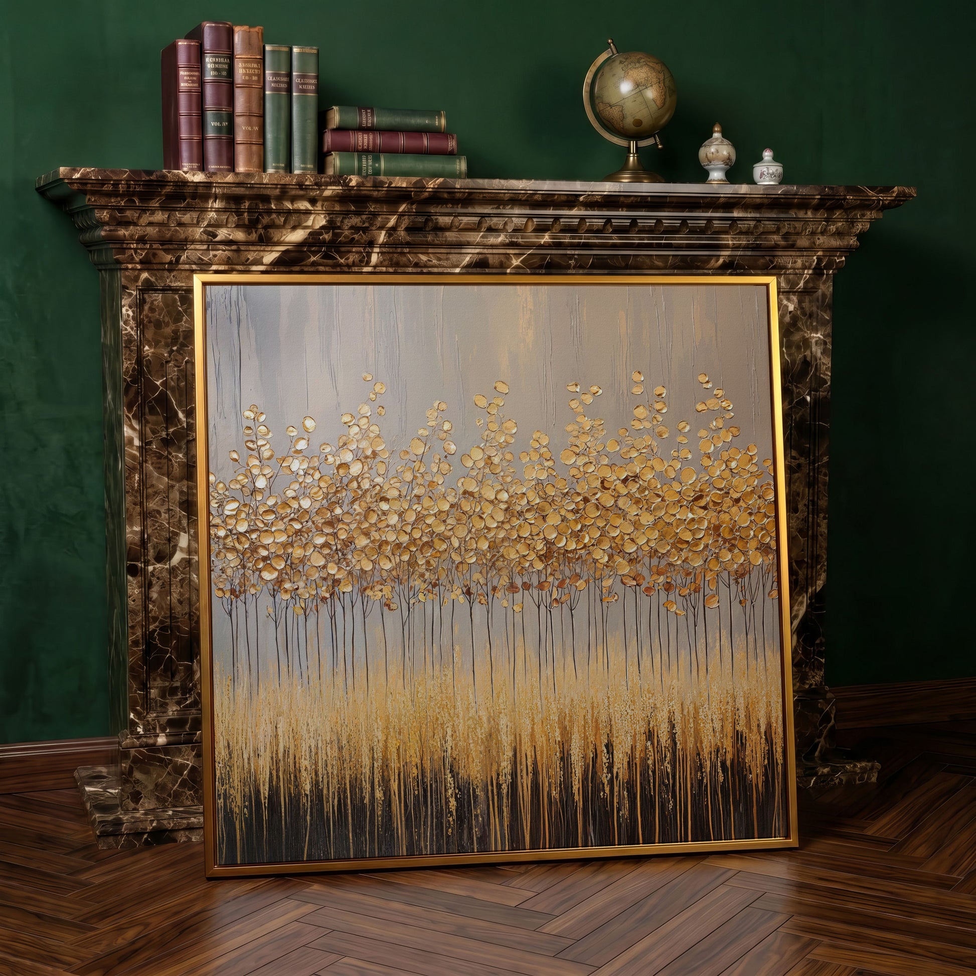 Abstract Golden Forest Canvas Art, Square Wall Art in antique gold floating frame