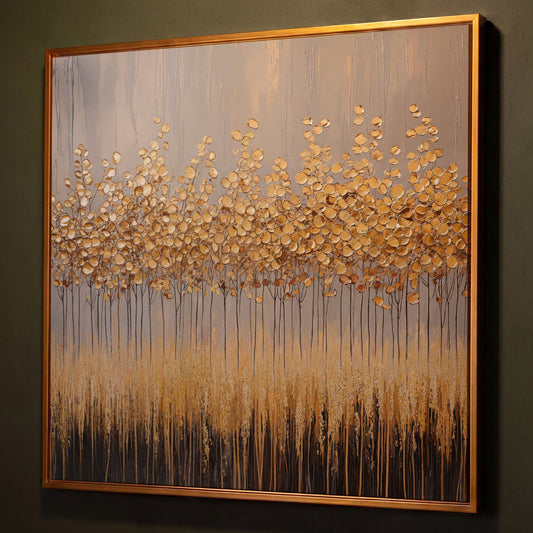 Abstract Golden Forest Canvas Art, Square Wall Art shown in antique gold floating frame