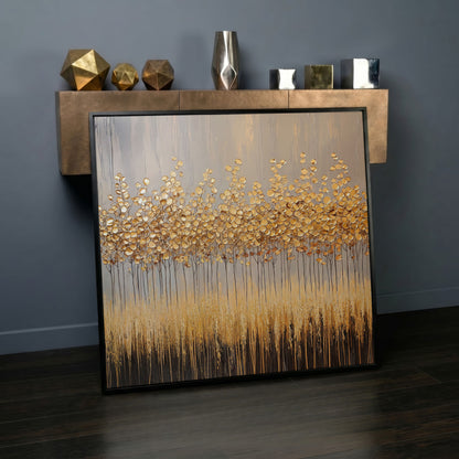 Abstract Golden Forest Canvas Art, Square Wall Art in black floating frame
