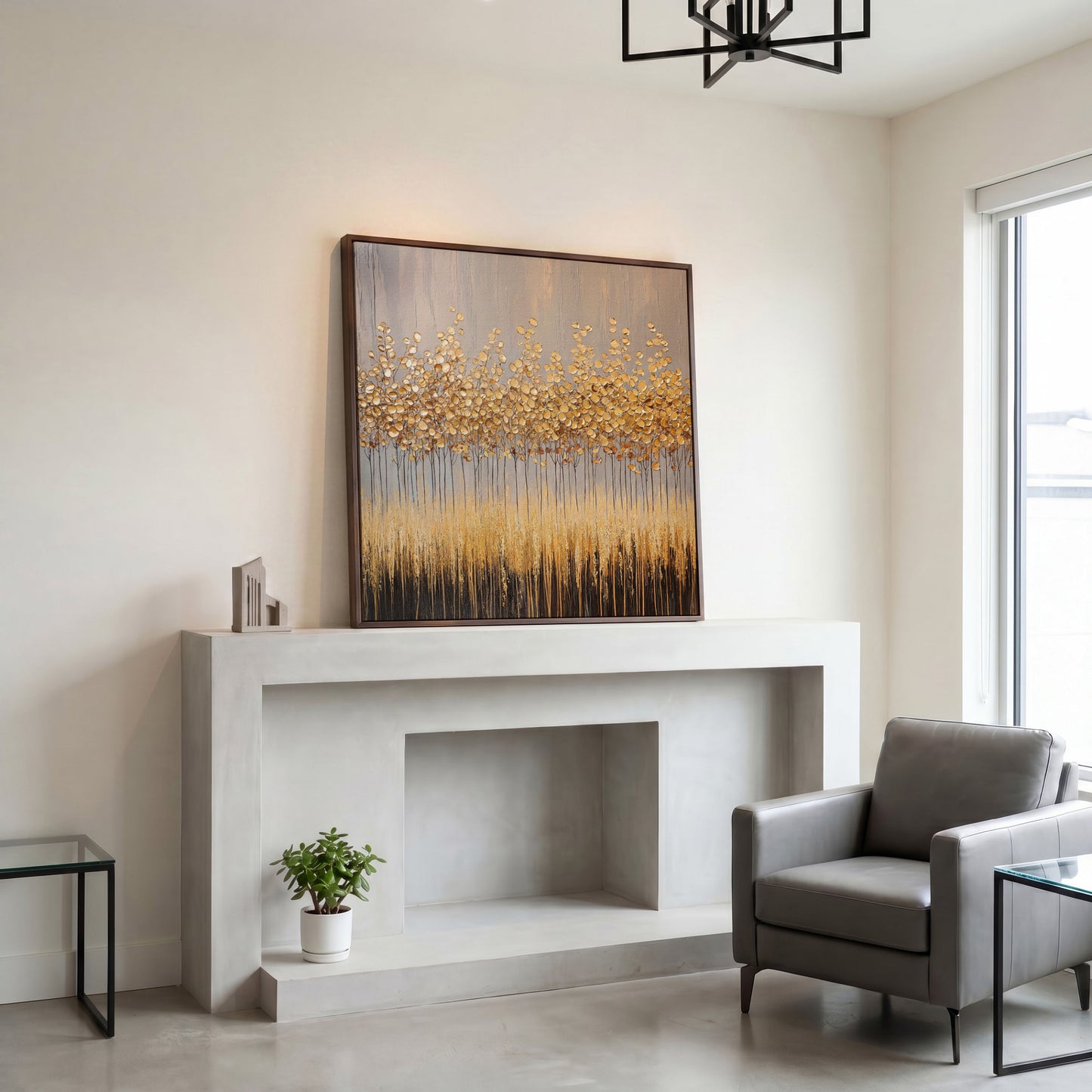 Abstract Golden Forest Canvas Art, Square Wall Art in dark walnut floating frame
