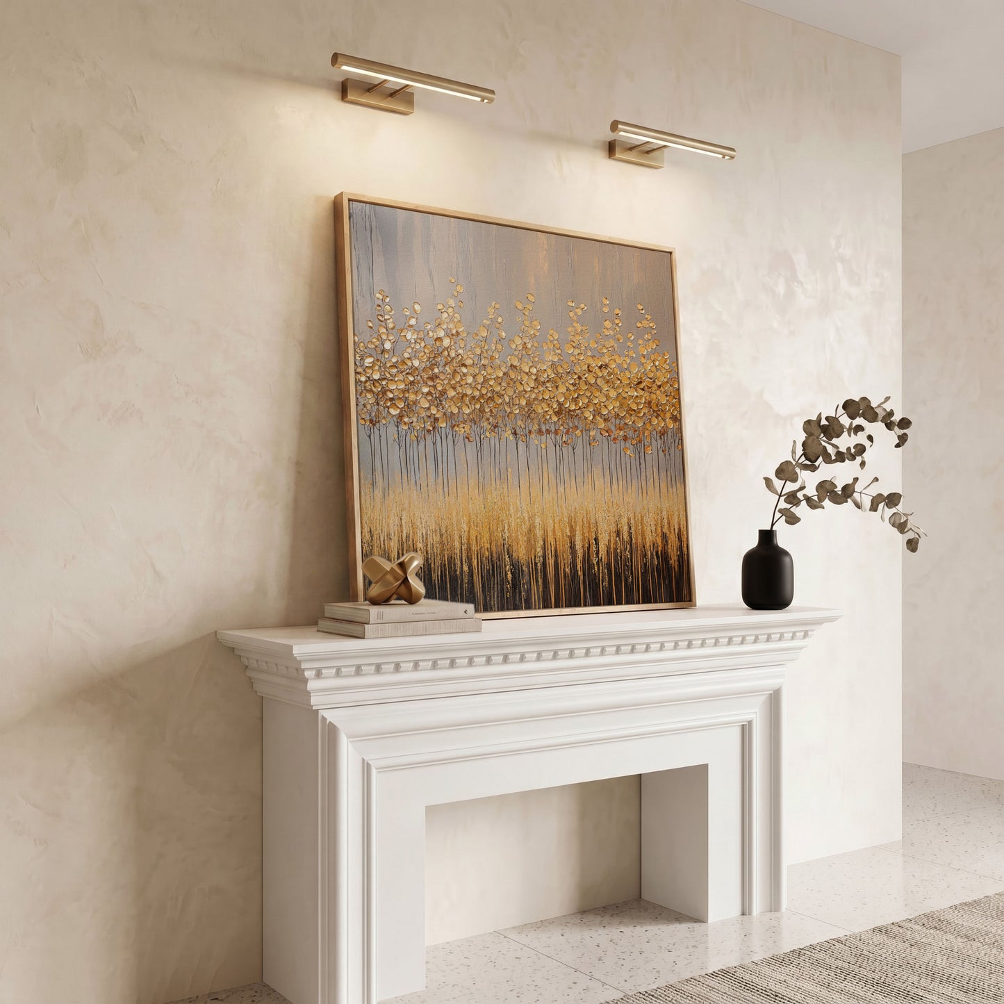 Abstract Golden Forest Canvas Art, Square Wall Art in white oak floating frame