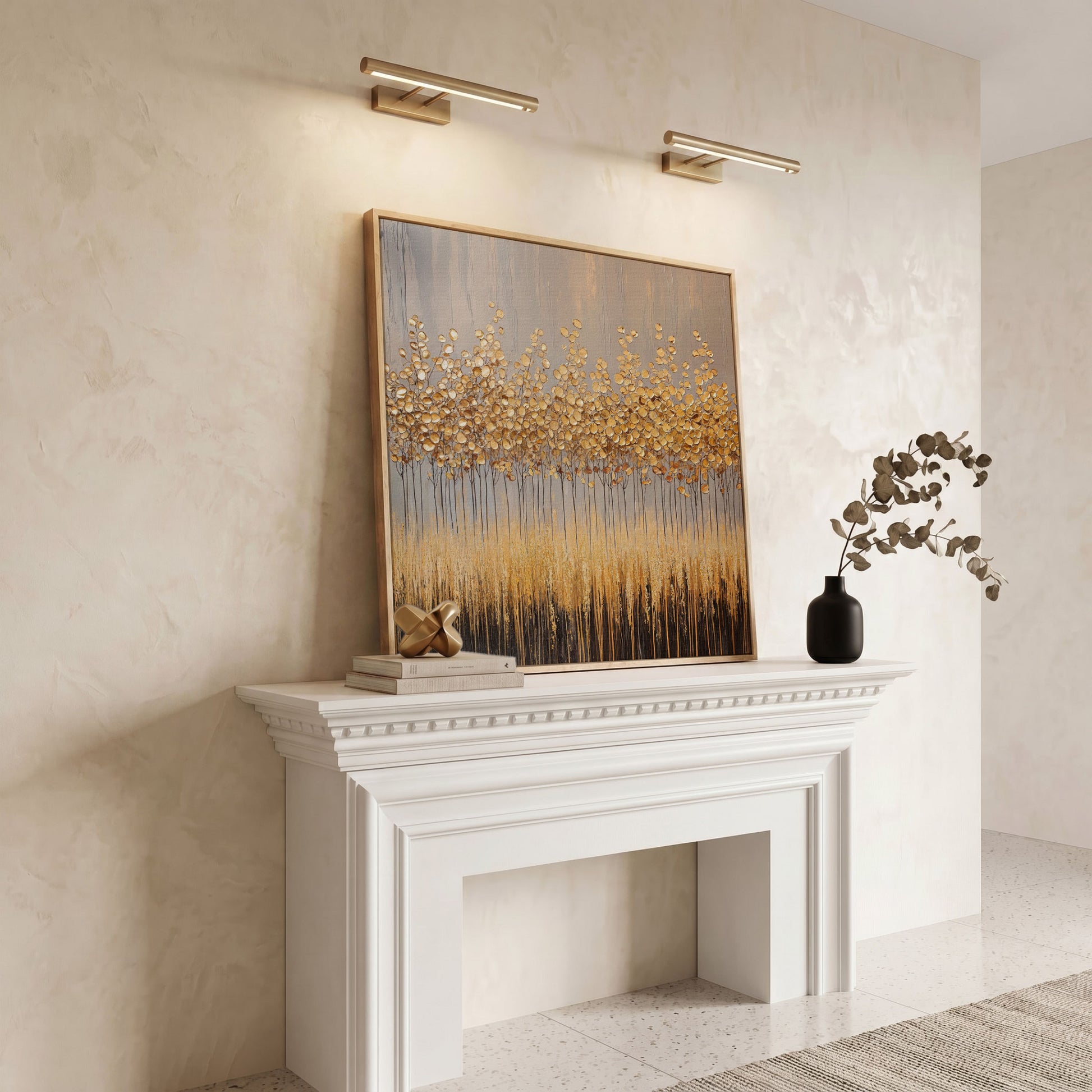 Abstract Golden Forest Canvas Art, Square Wall Art in white oak floating frame