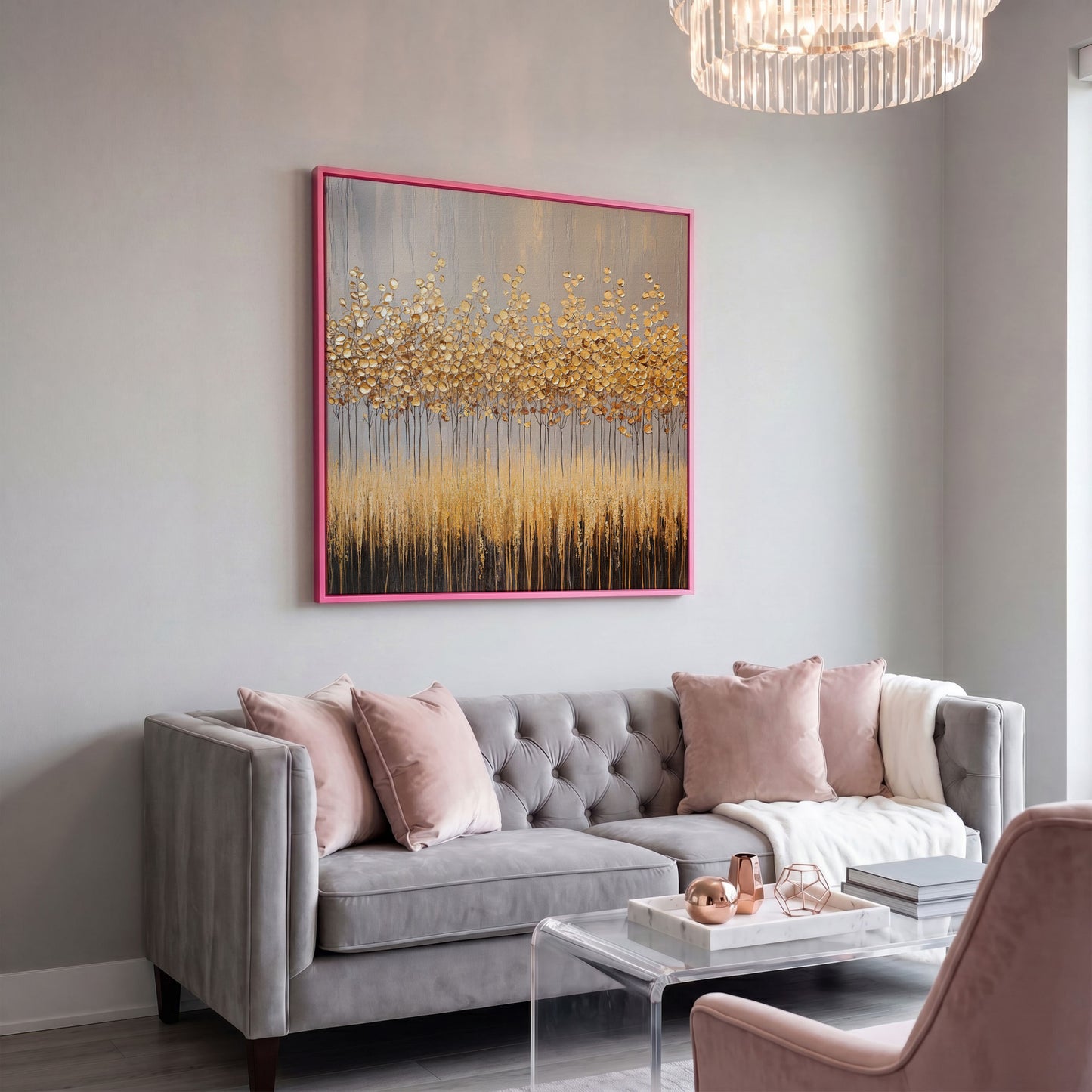 Abstract Golden Forest Canvas Art, Square Wall Art in pink floating frame