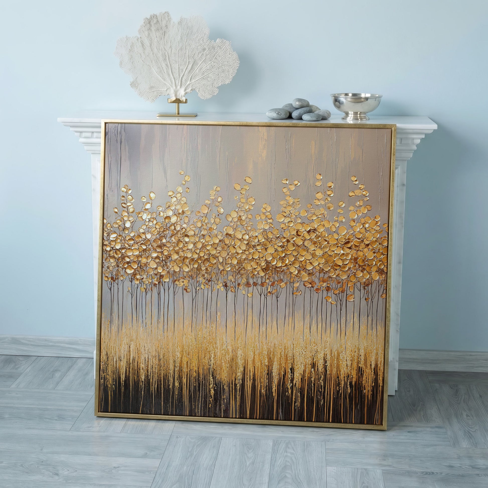 Abstract Golden Forest Canvas Art, Square Wall Art in rose gold floating frame