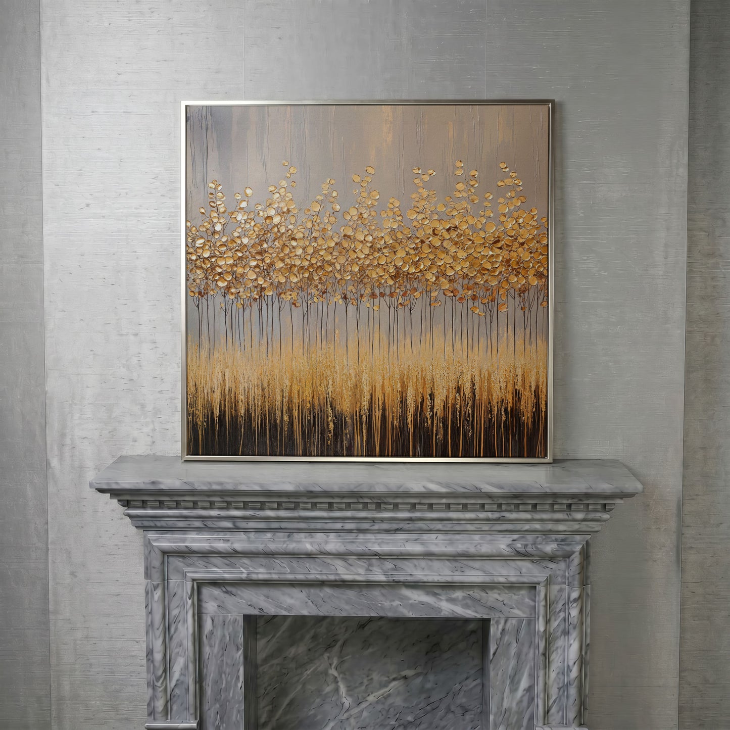 Abstract Golden Forest Canvas Art, Square Wall Art in silver floating frame