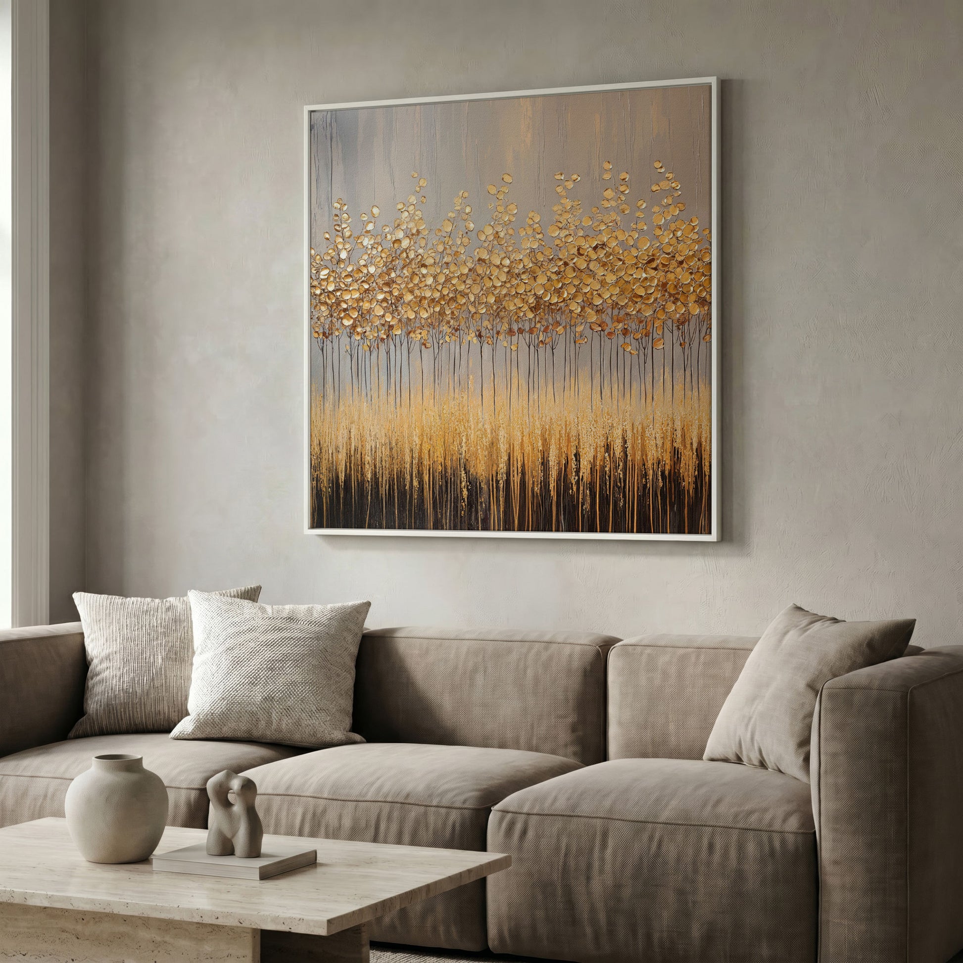 Abstract Golden Forest Canvas Art, Square Wall Art in white floating frame