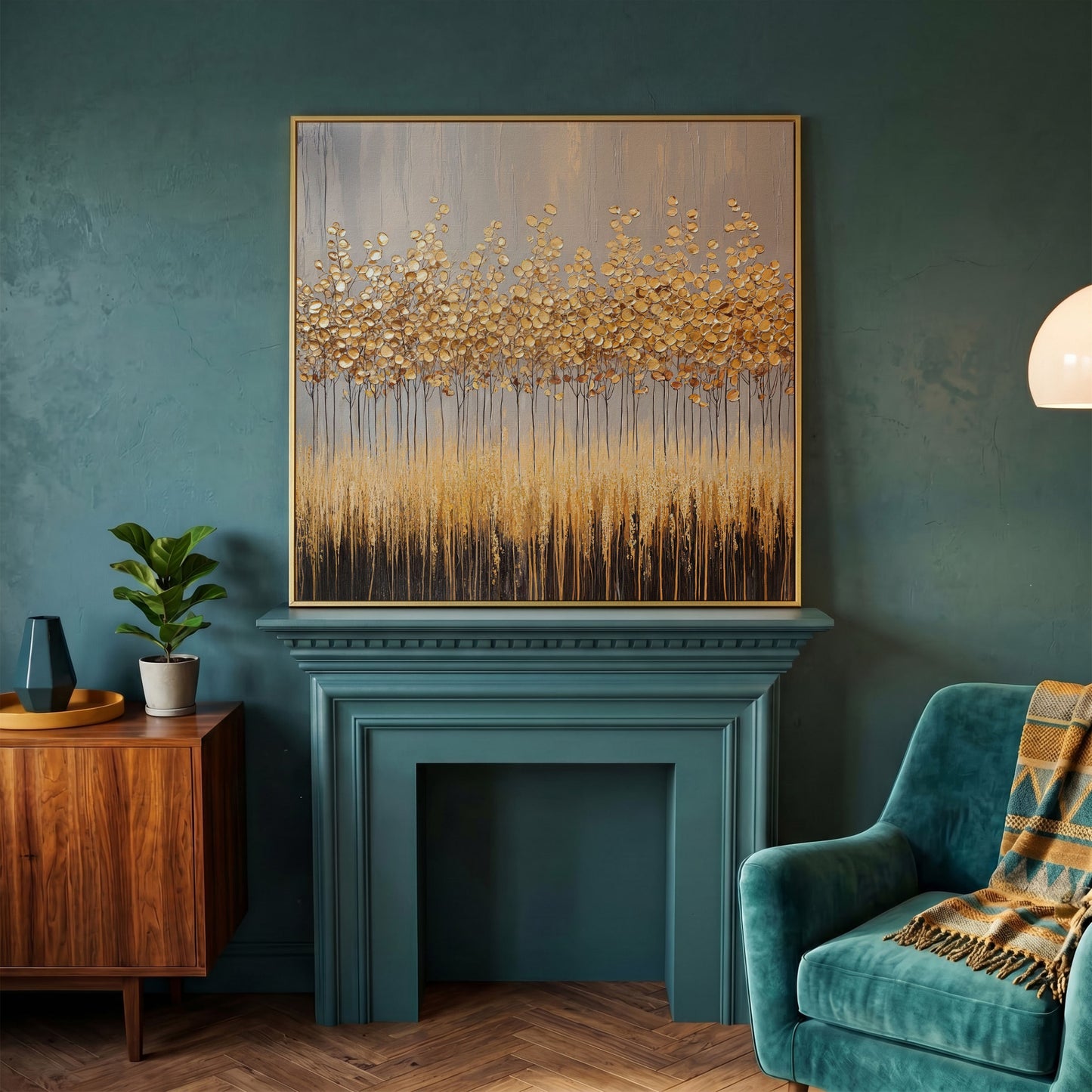 Abstract Golden Forest Canvas Art, Square Wall Art in yellow gold floating frame