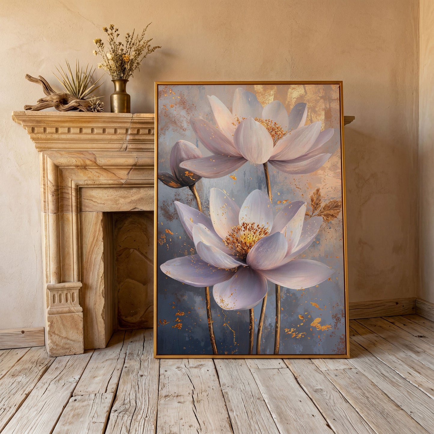 Lotus Flower Abstract Canvas in Lavender and Gold in antique gold floating frame