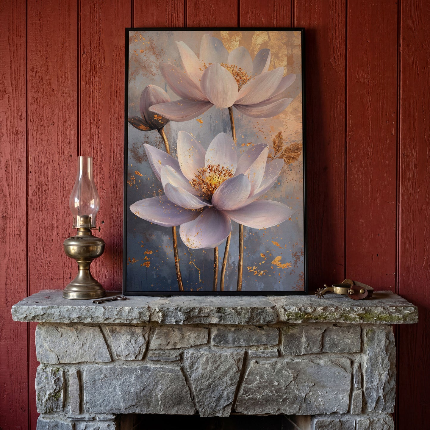 Lotus Flower Abstract Canvas in Lavender and Gold in black floating frame