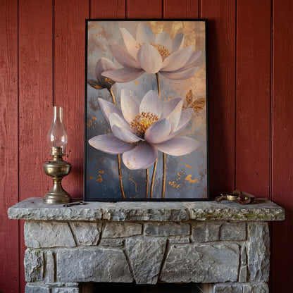 Lotus Flower Abstract Canvas in Lavender and Gold in black floating frame