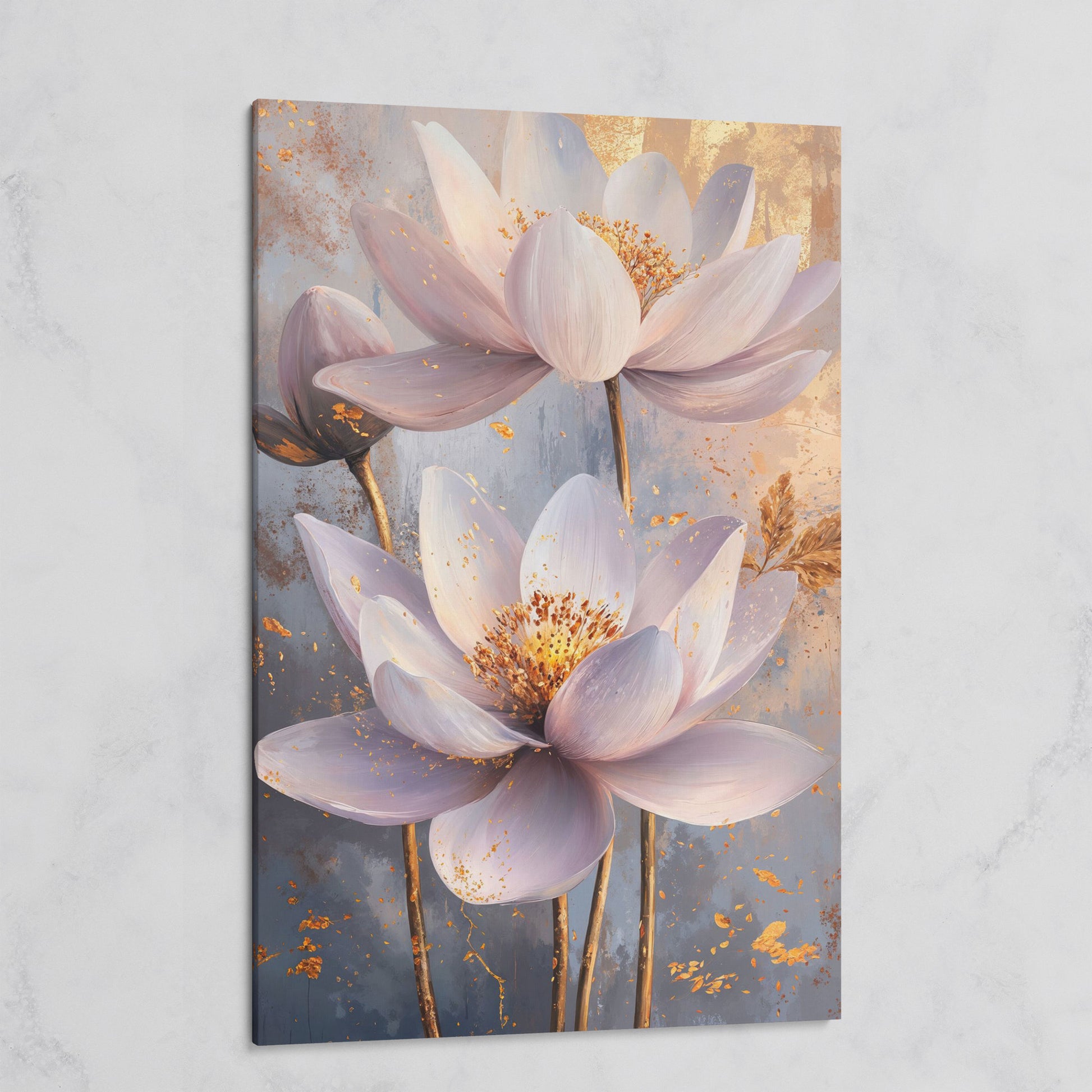 Lotus Flower Abstract Canvas in Lavender and Gold on gallery wrap